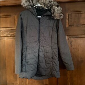 The North Face Women's Dark Gray Quilted Hooded Puffer with Faux Fur Trim